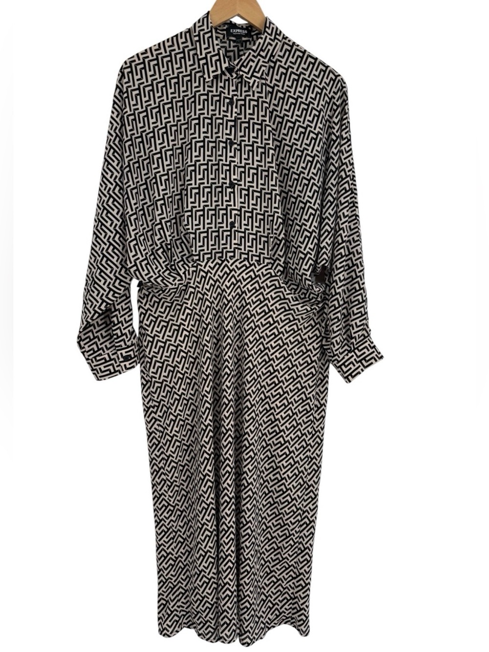 Express Half Button Midi Portofino Shirt Dress Geo Print Lined Skirt Size Large